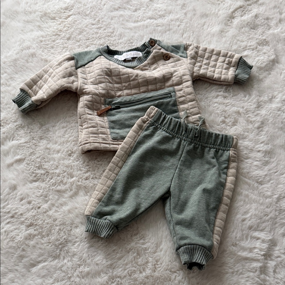Rachel Zoe Olive Green and Beige Quilted Baby Matching Set